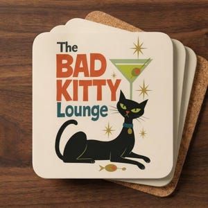 Bad Kitty Coaster Set, Retro Black Cat Drink Coasters, Atomic Starburst Mid Century Bar Decor