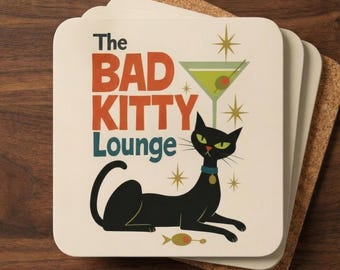 Bad Kitty Coaster Set, Retro Black Cat Drink Coasters, Atomic Starburst Mid Century Bar Decor