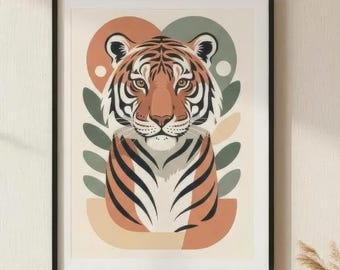 Mid Century Tiger Print, Retro Animal Wall Art, Scandinavian Graphic Poster, Vintage Style Wall Decor