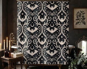 Bat Shower Curtain, Bat Damask Gothic Bathroom Decor, Black & Ivory Victorian Print, Whimsigoth Dark Academia Halloween Bath Curtain