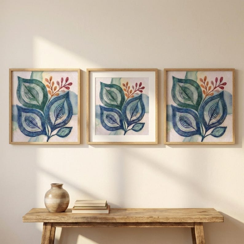 Mid-century Modern Botanical Wall Art Print, Teal Blue Abstract Leaf ...
