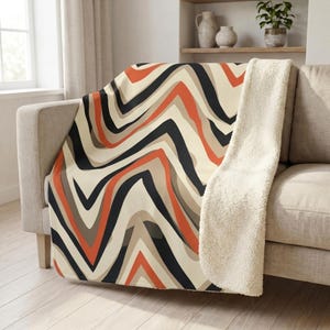 Sherpa Fleece Throw Blanket Chevron Boho Throw Terracotta Black Cream Oversized Couch Blanket Retro Modern Home Decor