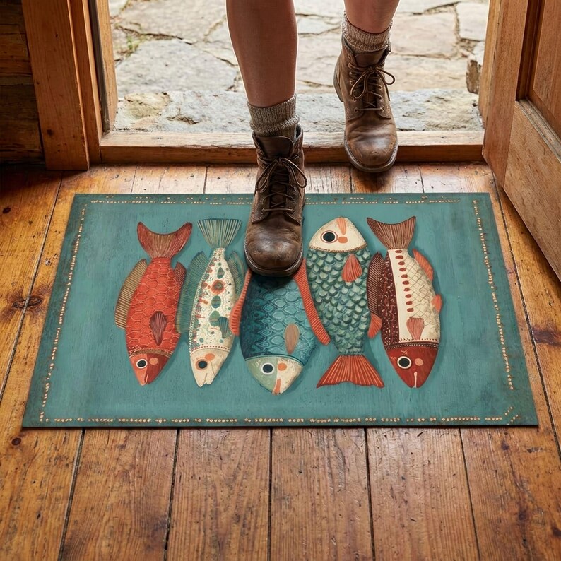 Lake Theme Rug Lake House Rug, Cozy Living Cabin Rug, Rustic Area Rug, Folk Fish Lodge ...