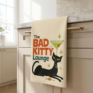 Bad Kitty Kitchen Towel, Black Cat Towel, Retro Hand Towel, Atomic Cat Mid Century Modern Decor
