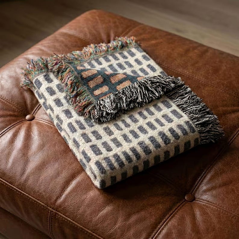 Black Cream Woven Throw Blanket, Cotton Couch Blanket, Neutral Modern Bed Throw, Minimalist Scandinavian Decor