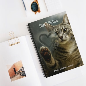 Personalized Cat Journal Notebook, Custom Name, Cute Cat Art Cover, Spiral Notebook with Pocket, Tabby Cat Journal, 6x8 writing journal gift