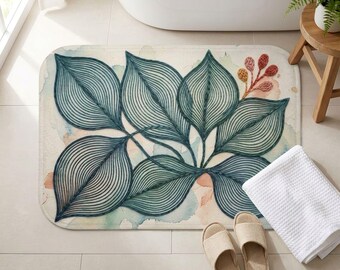 Teal Leaf Bath Mat, Botanical Bathroom Rug, Non Slip Bath Mat, Scandinavian Spa Decor, Mid Century Modern Vanity Rug