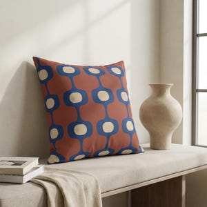 Mid Century Geometric Pillow, Retro 1950s Pattern Cushion, Atomic Era Throw Pillow, Terracotta Navy Accent Pillow