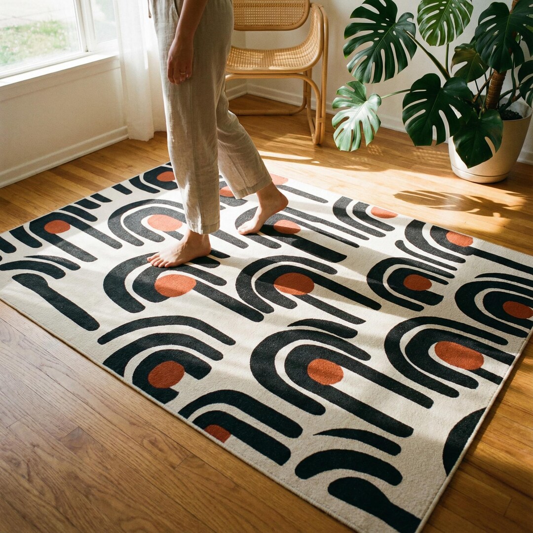 Mid-century Arch Geometric Area Rug | Retro Terracotta Charcoal Cream ...
