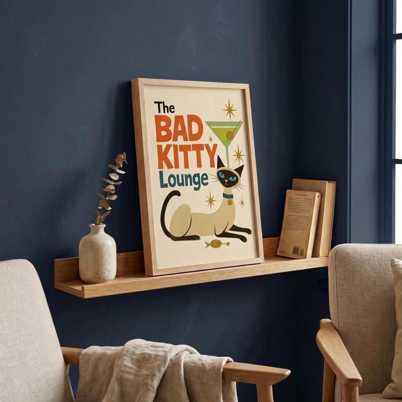 Siamese Cat Poster, Mid Century Modern Cat Wall Art, Bad Kitty Martini Lounge Print
