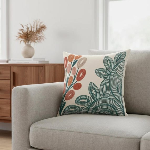 Mid Century Throw Pillow, Coral Teal Botanical Pillow, Modern Floral Decorative Cushion