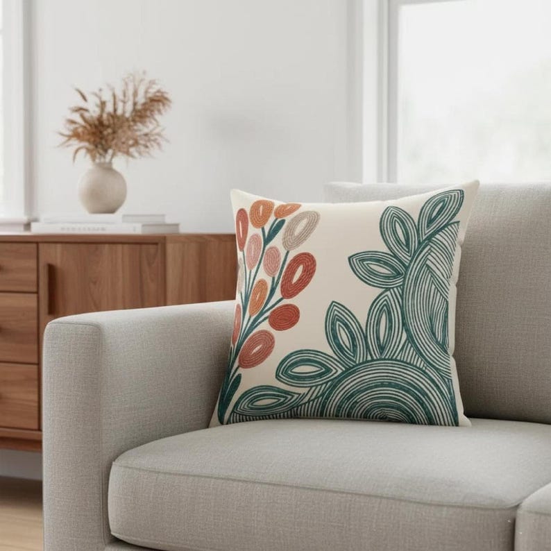 Mid Century Throw Pillow, Coral Teal Botanical Pillow, Modern Floral Decorative Cushion