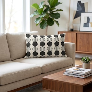 Mid Century Modern Pillow Cover, Black White Geometric Lumbar Pillow, Scandinavian Throw Pillow, Neutral Sofa Cushion