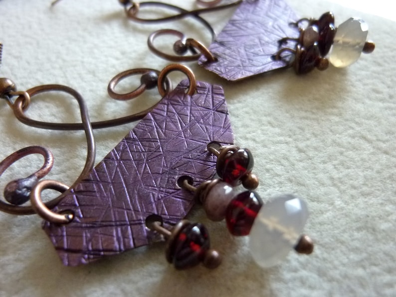 Antique Copper with Dark Purple Patina Mozambique Garnet Chocolate Quartz and Gray Chalcedony Earrings