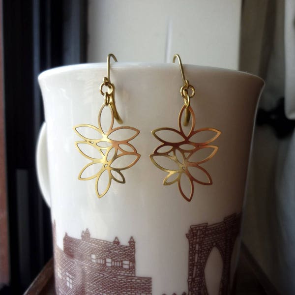 Raw Brass Lotus Earrings, Drop Earrings, Dangle