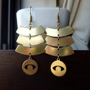Rectangle Curved Bars with Eye Charm Earrings, Geometric, Statement