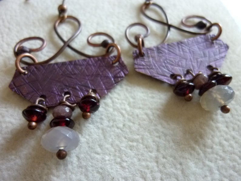 Antique Copper with Dark Purple Patina Mozambique Garnet Chocolate Quartz and Gray Chalcedony Earrings