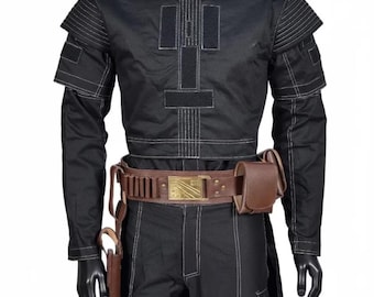 Traje de vuelo de cosplay de Boba Fett negro / Traje personalizado de Star Wars mandaloriano / Disfraz de cazarrecompensas con cinturón marrón