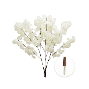 May include: Artificial white cherry blossom branch with dark brown stems and a close-up of the base. The branch features clusters of delicate, off-white flowers, perfect for floral arrangements or home decor.
