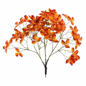 May include: An artificial branch featuring a cluster of autumn-colored leaves in vibrant shades of orange, red, and yellow. The foliage is attached to thin, brown, branching stems that converge into a single, thicker base stem for display.