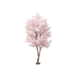 May include: A decorative artificial cherry blossom tree with light pink flowers and a brown trunk. The tree is set on a small, square, black base and is isolated on a white background.