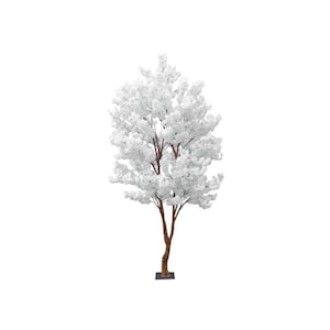 May include: A decorative artificial tree with white blossoms and a brown trunk. The tree is set on a small, square, black base. The branches are full of white flowers, creating a visually appealing display.
