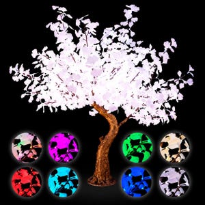 May include: An artificial tree with a textured brown trunk and branches covered in white, glowing leaves. Below the main tree, eight circular insets display the same tree illuminated in various colors, including pink, green, red, blue, and white.