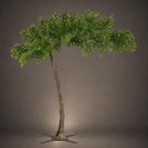 May include: A faux tree with a curved trunk and lush green leaves. The tree's trunk has a textured, brown appearance, and the leaves are a vibrant green. The tree is mounted on a metal base with four arms, providing stability.