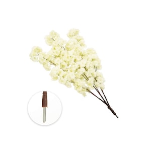 May include: A bundle of artificial cream-colored cherry blossom branches. The flowers are clustered together, and the stems are brown. The base of the stem is visible in a circular inset. Perfect for floral arrangements and home decor.