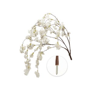 May include: A white artificial cherry blossom branch with brown stems and a close-up of the stem base. The blossoms are clustered and cascading, creating a delicate and natural look. Perfect for floral arrangements and home decor.