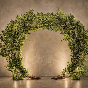 May include: A large, arch-shaped decorative piece made of branches and green leaves. The arch is illuminated with small, warm-toned lights, creating a soft glow. The structure is set against a neutral background, suitable for weddings or events.
