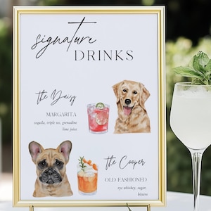 Placa de bebida com assinatura de cachorro, Placa de coquetel com assinatura de animal de estimação, Placa de bar minimalista para casamento, Placa de coquetel com assinatura de cachorro, Modelo editável, Cardápio de bar
