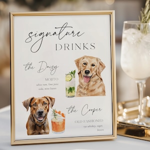 Pet Signature Drink Template for Wedding, His and Hers Modern Minimalist Drinks Sign with Dog, Custom Bar Menu Editable Pet Cocktails