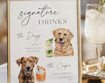 Modello di drink personalizzato per animali domestici per matrimonio, cartello minimalista moderno per bevande per lui e per lei con cane, menu bar personalizzato, cocktail per animali domestici modificabili