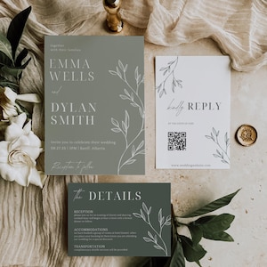 May include: A wedding invitation suite in sage green and white, with floral designs. The main card announces Emma Wells and Dylan Smith's wedding, with date and location. A reply card and details card are also included.