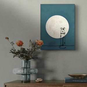 Hundeversum Dogboard #3, Original auf Holzboard, Mischtechnik, Geschenk, Hund, handgemalt, Mond, Minimalismus, Gold, Cartoon, Hundehalter
