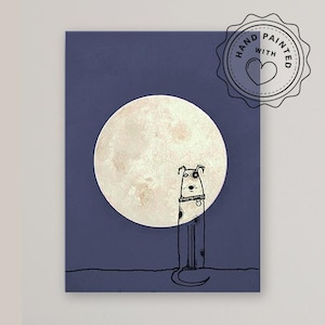 Hundeversum Dogboard #3, Original auf Holzboard, Mischtechnik, Geschenk, Hund, handgemalt, Mond, Minimalismus, Gold, Cartoon, Hundehalter