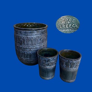 Handmade Greek Ceramic Vase set with Mythological Design, 1960s, Green