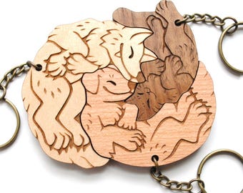 Porte-clés emboîtables loup, chat et chien - Ensemble de porte-clés couple famille, amitié, relation poly