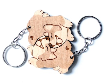 Corgi Couple Keychains - Friendship or Relationship matching wooden dog keychain set - Maple wood