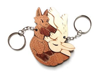 Interlocking Fox and Rabbit Couple Keychains - Friendship or Relationship matching wooden keychain set