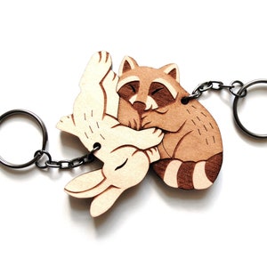 Raccoon Rabbit Couple Keychains Friendship or Relationship matching wooden keychain set Raccon + Rabbit