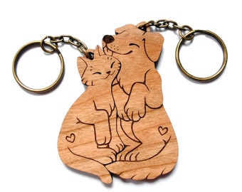 Dog and Cat Couple Keychains - Friendship or Relationship matching wooden keychain set