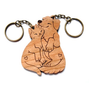 Dog and Cat Couple Keychains - Friendship or Relationship matching wooden keychain set