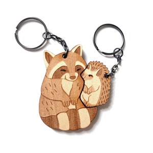 Raccoon and Hedgehog Couple Keychain - Friendship or Relationship matching wooden keychains set