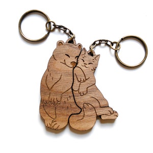 Bear and Cat Couple Keychains - Friendship or Relationship matching wooden keychain set