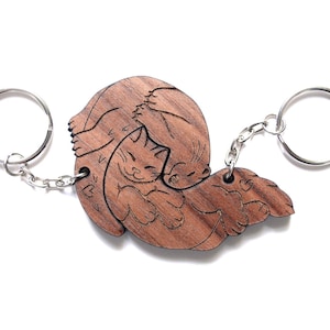 Interlocking Cat and Otter Couple Keychains - Friendship or Relationship matching wooden keychain set
