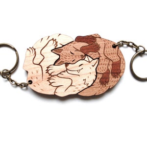 Interlocking Fox and Wolf Couple Keychains - Friendship or Relationship matching wooden keychain set