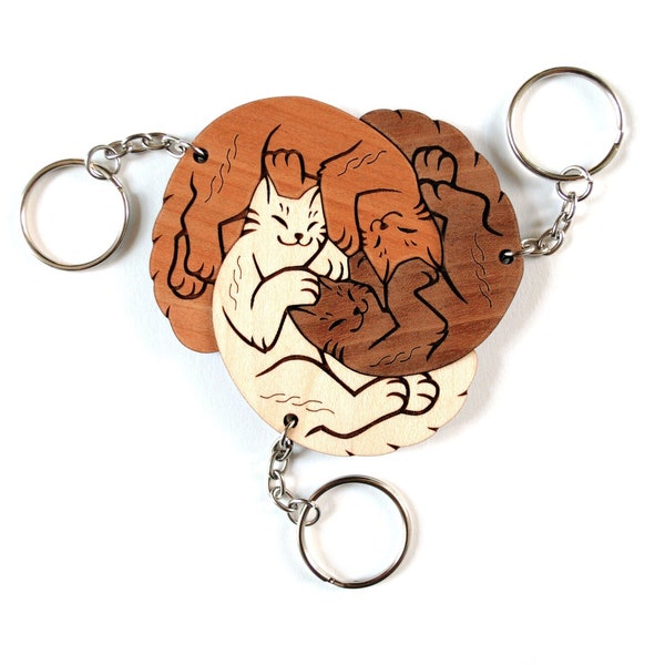 Interlocking Cat Trio Keychains - Family, Friendship, Poly Relationship couple keychain set