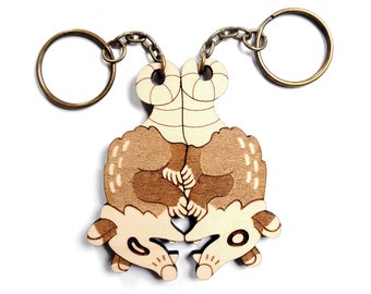Possum Couple Keychains - Friendship or Relationship matching wooden keychain set - Maple wood